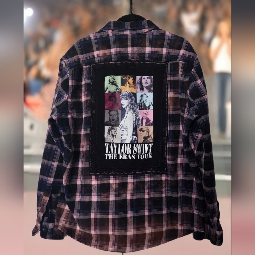 Upcycled TAYLOR SWIFT EEAS TOUR distressed Plaid Flannel
